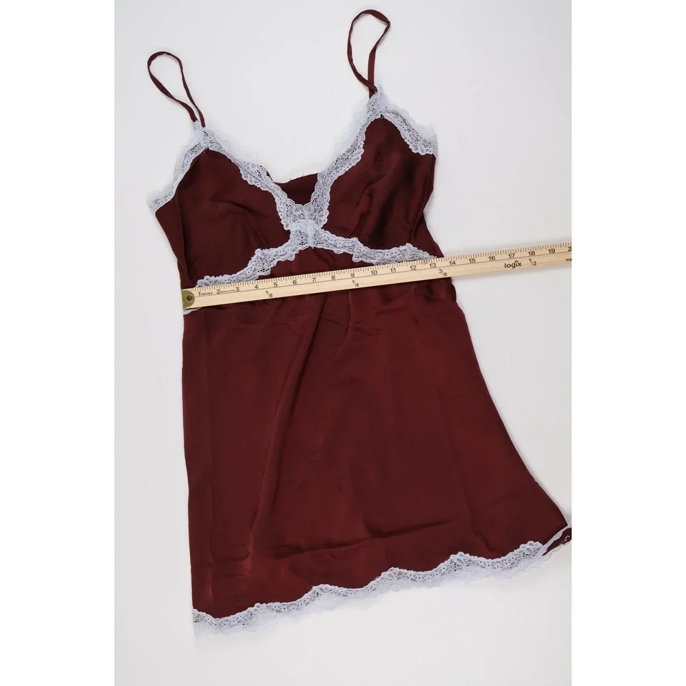 Overslept by Aerie Lace Trim Satin Chemise Nightgown Burgundy Red Small NWT